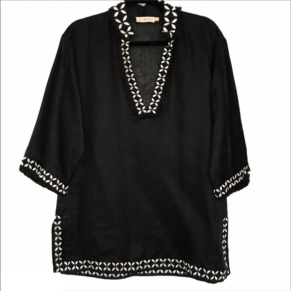 Tory Burch black embellished linen tunic - Picture 1 of 5